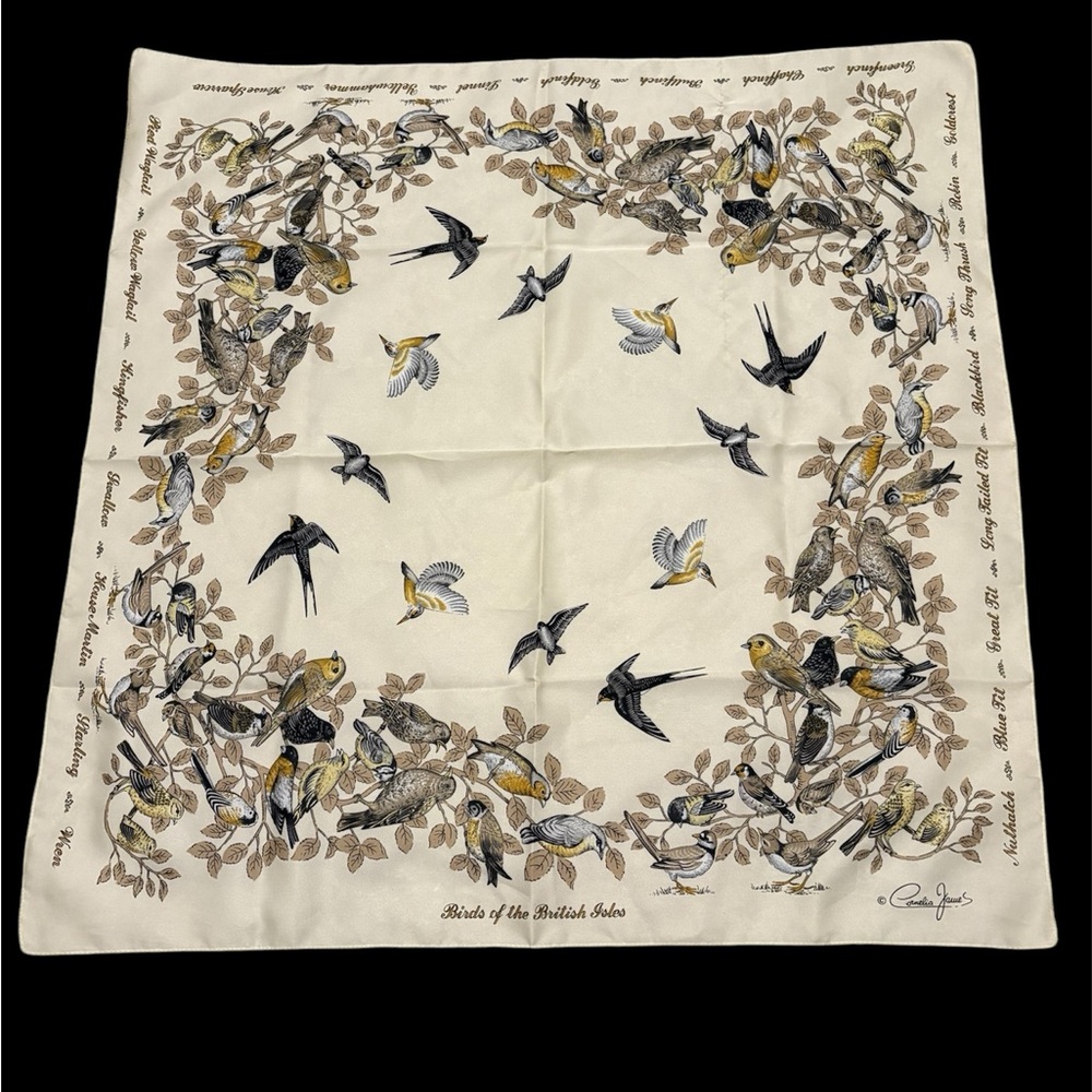 Vintage Cornelia James Birds of the British Isles Cream Satin Scarf